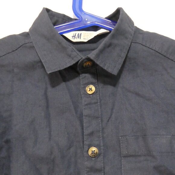 H&M | 5-6 years | Dark Navy Blue Button-Up Linen / Cotton Shirt | Roll Tabs - Picture 4 of 16